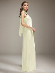 Ivory Satin Halter Neck Sleeveless Floor Length Dress