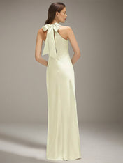 Ivory Satin Halter Neck Sleeveless Floor Length Dress