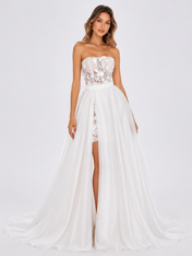 Elegant Strapless Floral Lace Corset A-Line Wedding Dress with High Slit and Chapel Train