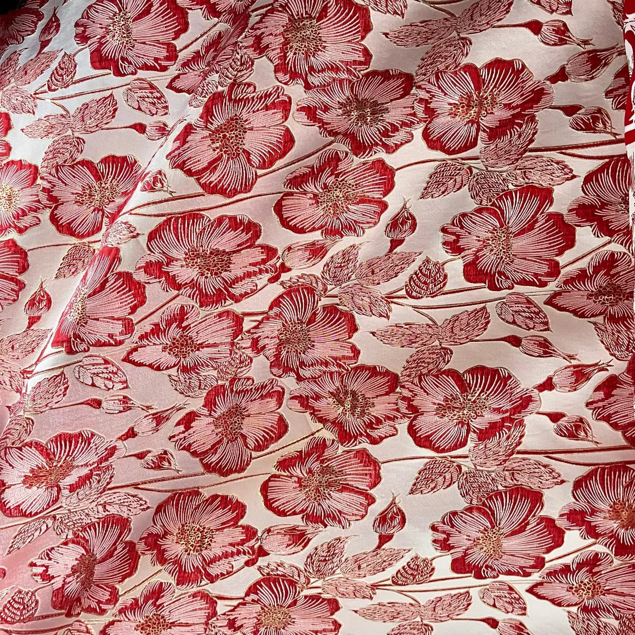 One-Shoulder Red and Ivory Floral Brocade Cascading Mother of the Bride Dress