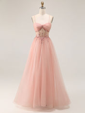 Light Pink Glitter Beaded Tulle Corset Long Porm Dress
