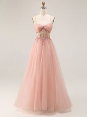 Light Pink Glitter Beaded Tulle Corset Long Porm Dress