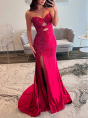 Hot Pink Mermaid Strapless Long Prom Dress with Beads
