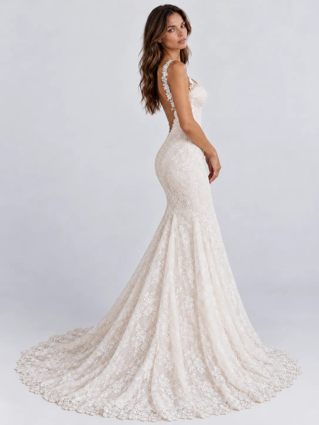 Sleepless Lace Mermaid Wedding Dress with Open V-Back and Chapel Train