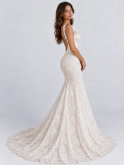 Sleepless Lace Mermaid Wedding Dress with Open V-Back and Chapel Train