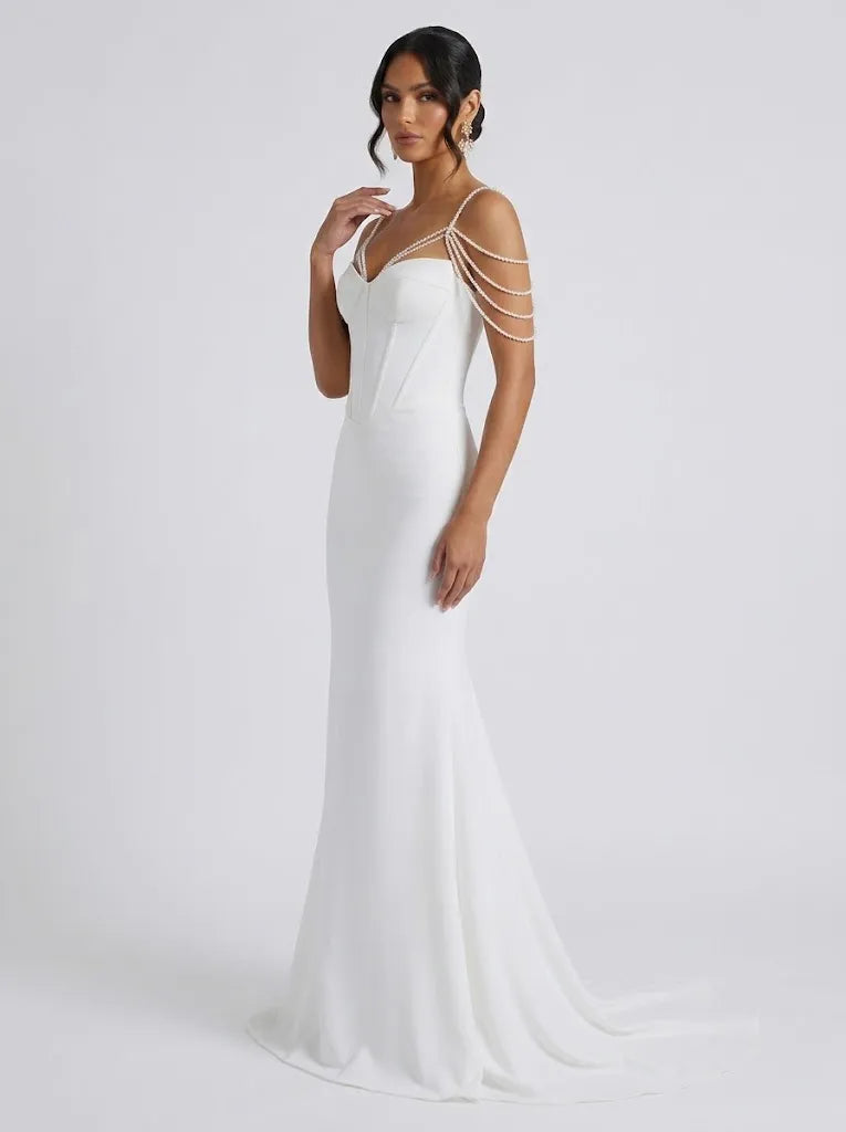 Pearl Chain Off-Shoulder Corset Crepe Sleeveless Mermaid Wedding Dress