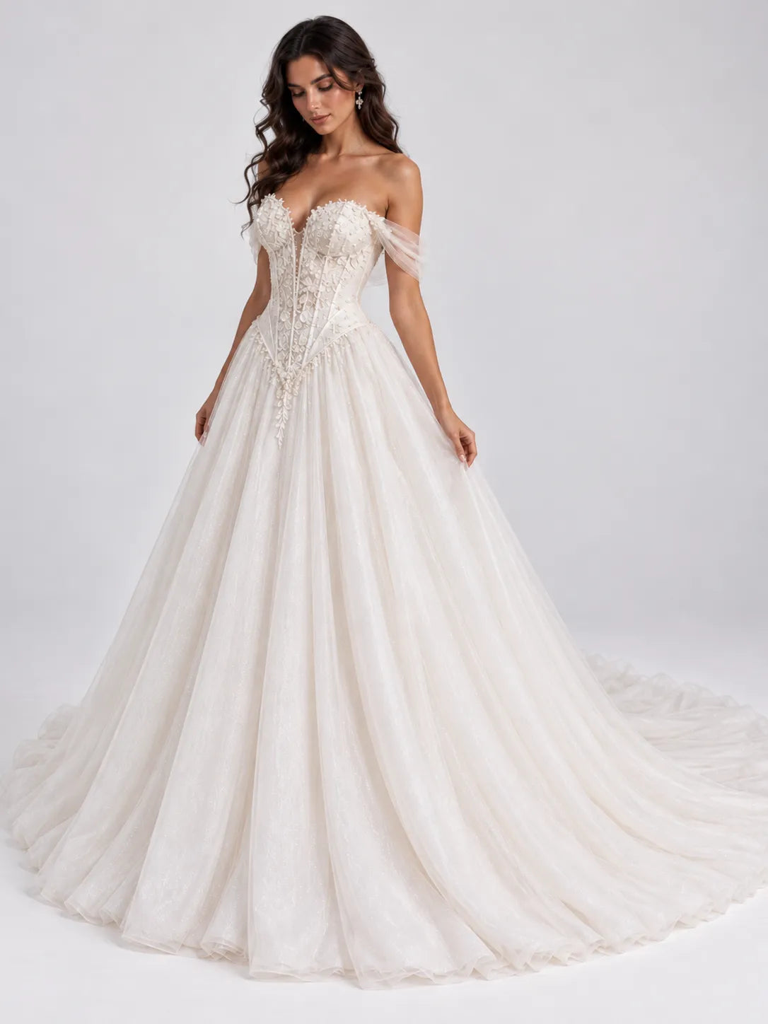 Off-the-Shoulder Lace Appliqué Ball Gown Wedding Dress