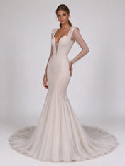 Structured Padded-Shoulder Plunge-Neck Beaded Mermaid Wedding Dress with Sweep Train
