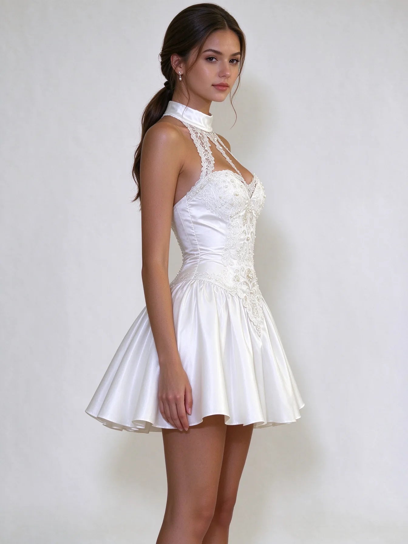 Halter Lace Pearl Corset Satin Mini Dress Wedding Dress