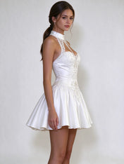 Halter Lace Pearl Corset Satin Mini Dress Wedding Dress