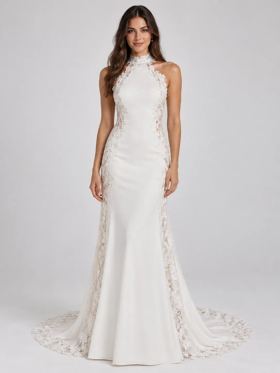 High-Neck Lace-Panel Mermaid Bridal Gown Wedding Dress