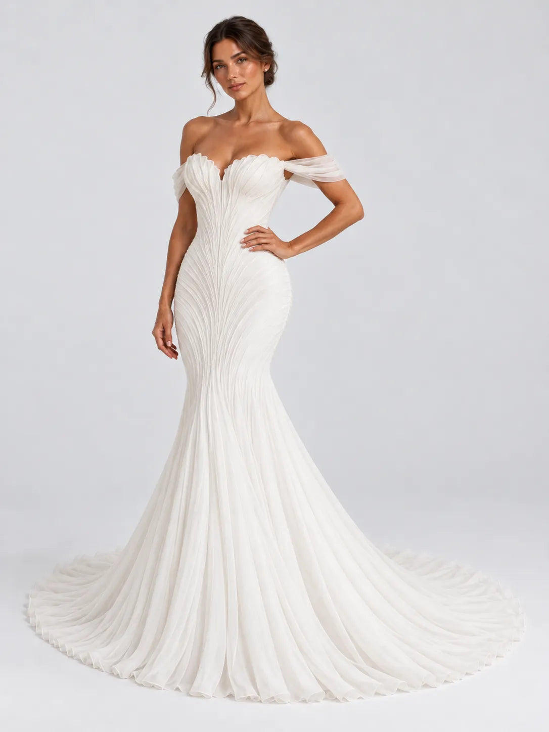 Off-the-Shoulder Pleated Chiffon Mermaid Wedding Dress with Sweep Train