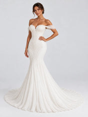 Off-the-Shoulder Pleated Chiffon Mermaid Wedding Dress with Sweep Train