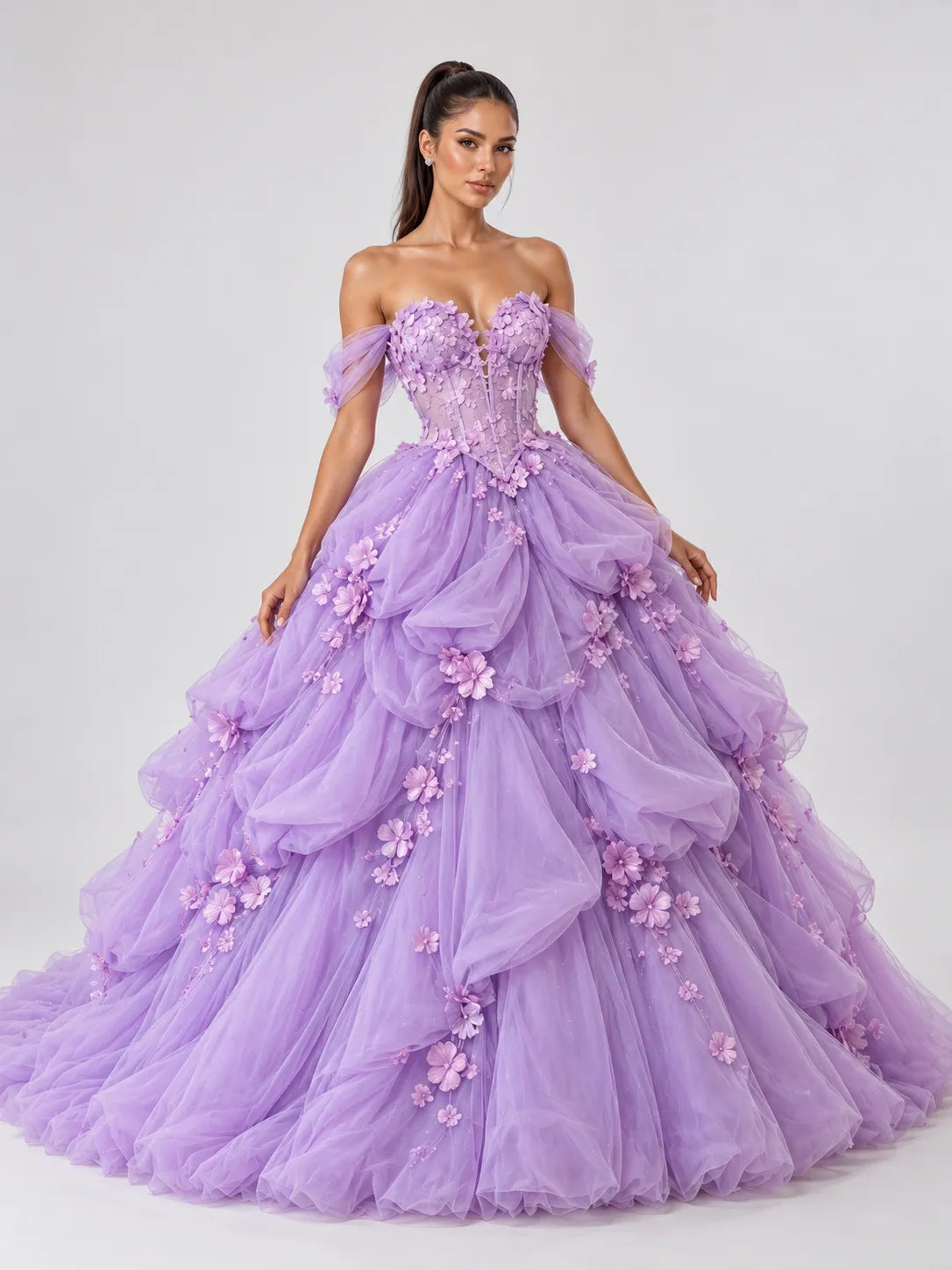 Off-the-Shoulder 3D Floral Applique Voluminous Ball Gown Evening Dress with Corset Back and Sweep Train