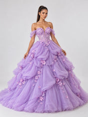 Off-the-Shoulder 3D Floral Applique Voluminous Ball Gown Evening Dress with Corset Back and Sweep Train