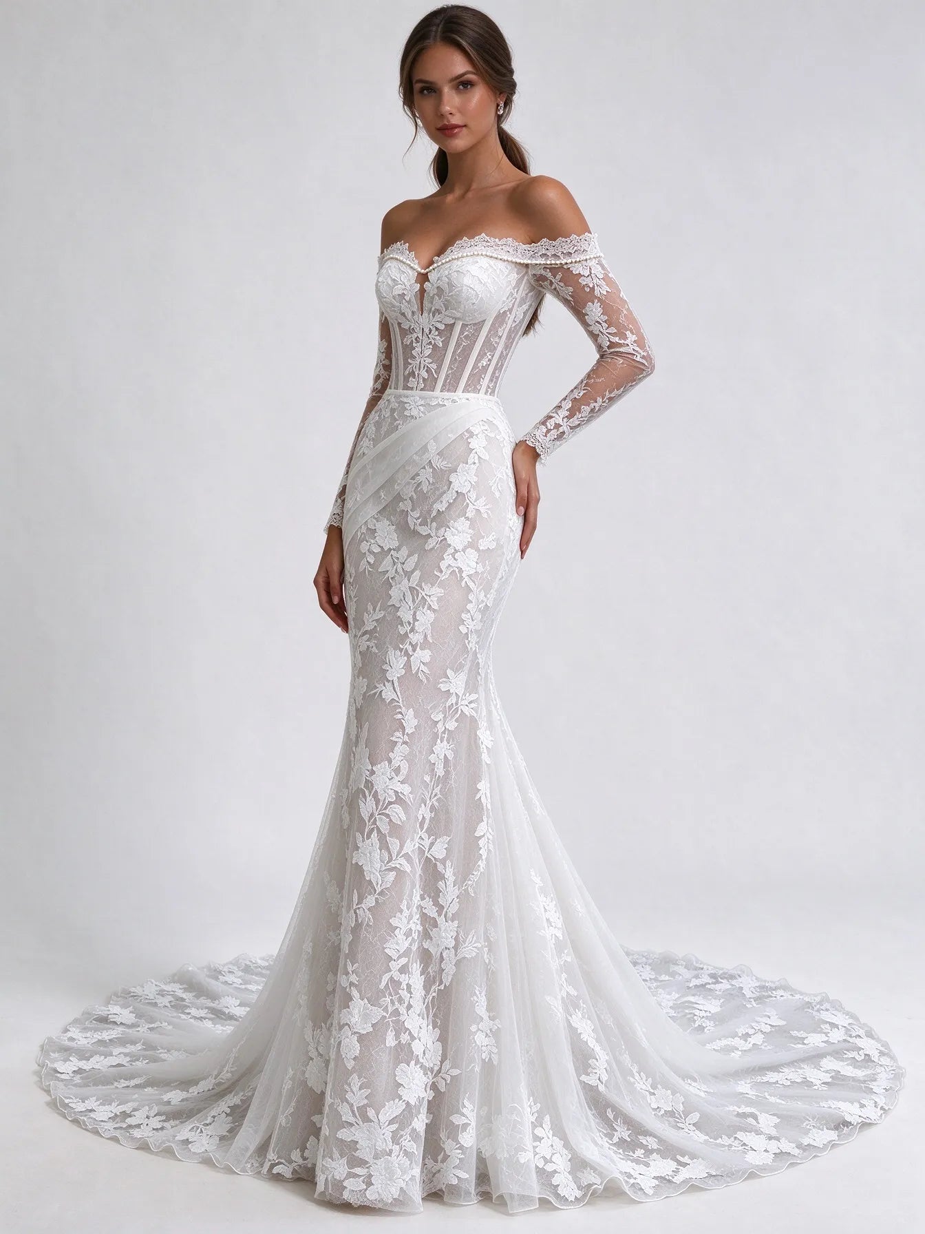 Off-the-Shoulder Long Sleeve Lace Corset Mermaid Bridal Gown