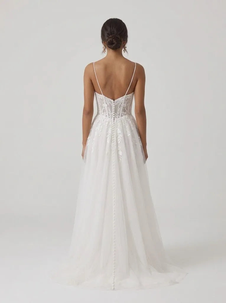 Spaghetti Strap Embroidered Lace Corset A-Line Wedding Dress with Covered Button Placket and Sweep Train