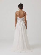 Spaghetti Strap Embroidered Lace Corset A-Line Wedding Dress with Covered Button Placket and Sweep Train