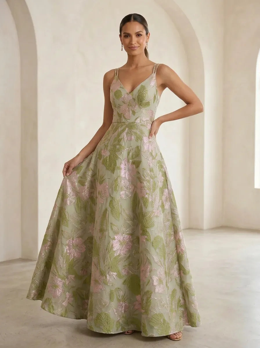 V-Neck Jacquard Double-Strap Long Mother Of The Bride Dresses