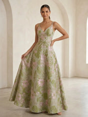 V-Neck Jacquard Double-Strap Long Mother Of The Bride Dresses