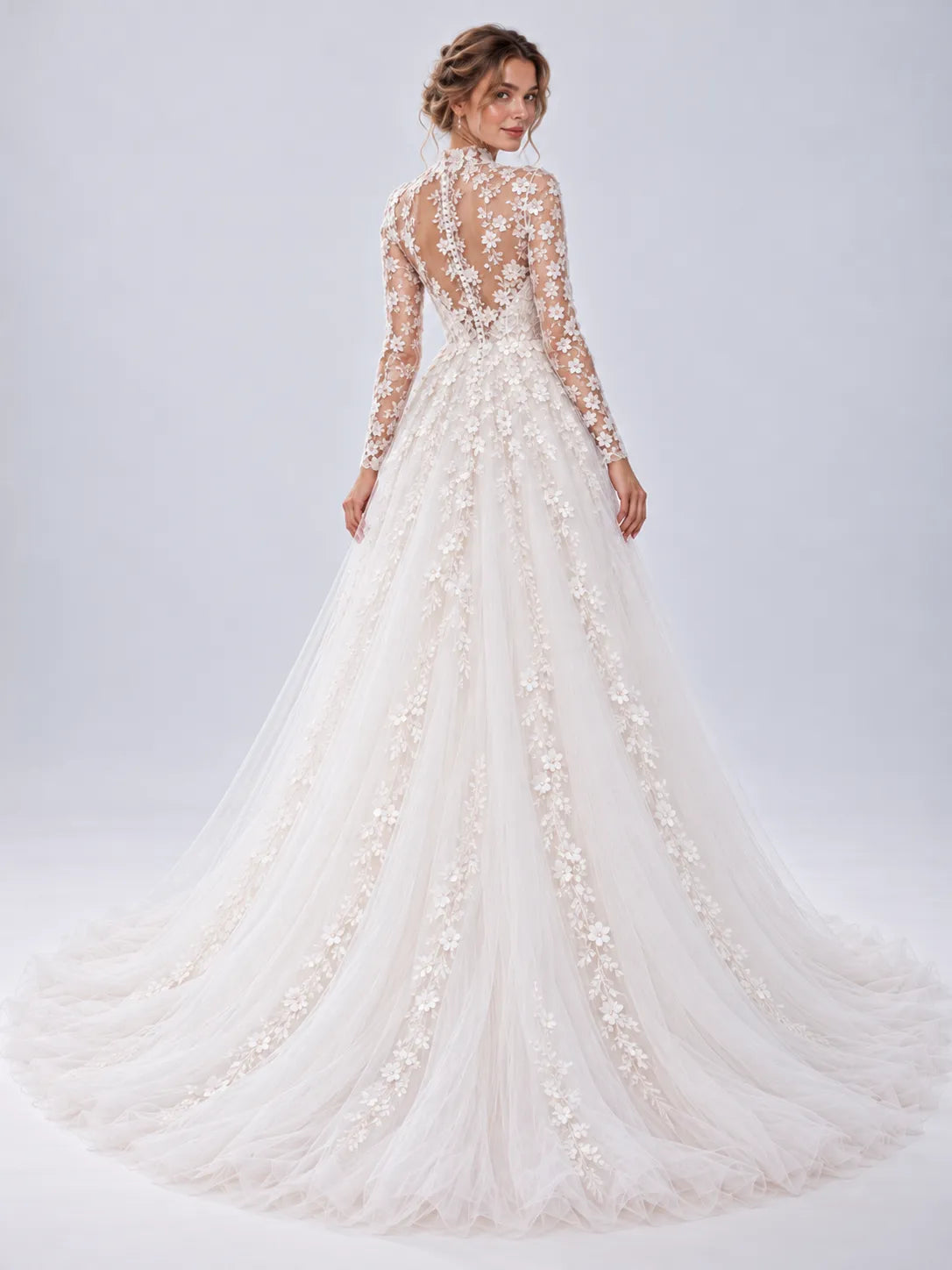 High-Neck Long-Sleeve Floral Applique Ball Gown Wedding Dress