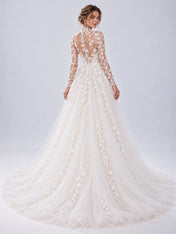 High-Neck Long-Sleeve Floral Applique Ball Gown Wedding Dress