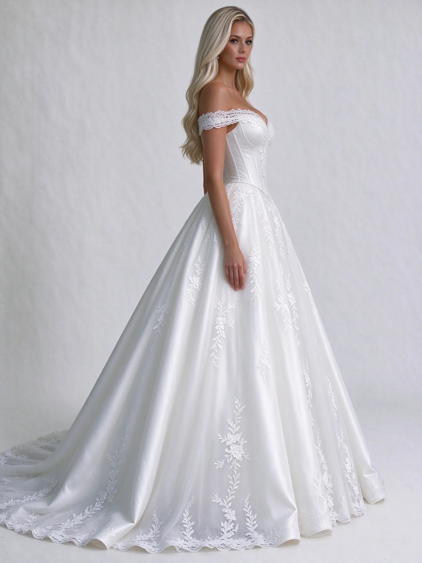 Off-the-Shoulder Lace Corset Ball Gown Wedding Dress