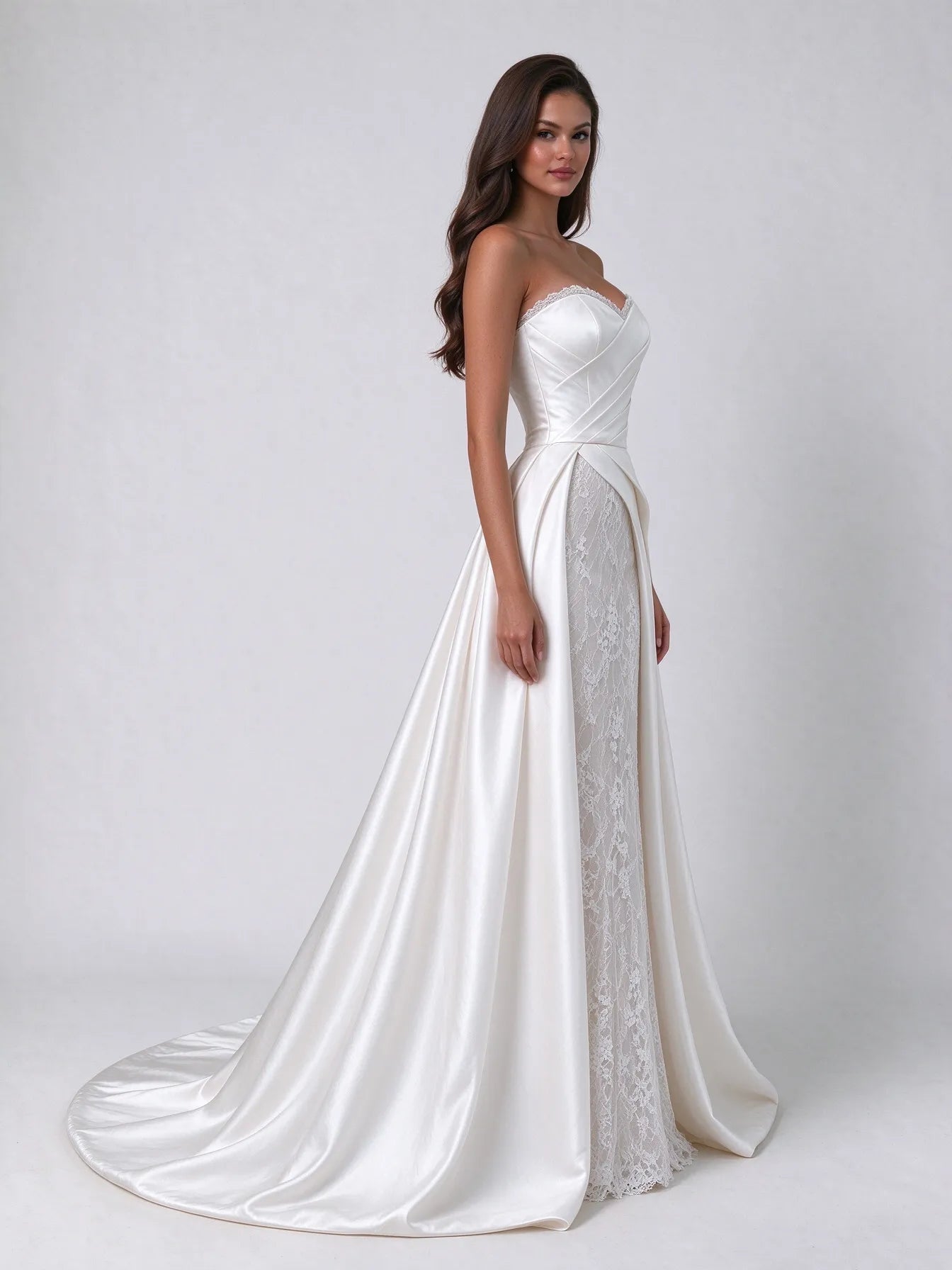 Strapless Pleated Satin and Lace Overlay Column Wedding Dress with Sweep Train