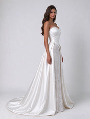 Strapless Pleated Satin and Lace Overlay Column Wedding Dress with Sweep Train