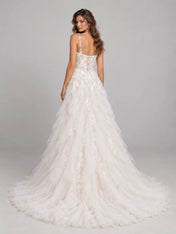 Sweetheart Lace Applique Corset A-Line Wedding Dress with Cascading Tiered Tulle Skirt and Train