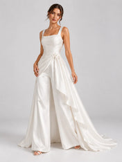 Tailored Wide-Leg Satin Wedding Dress Bridal Jumpsuit with Draped Overskirt and Sweep Train