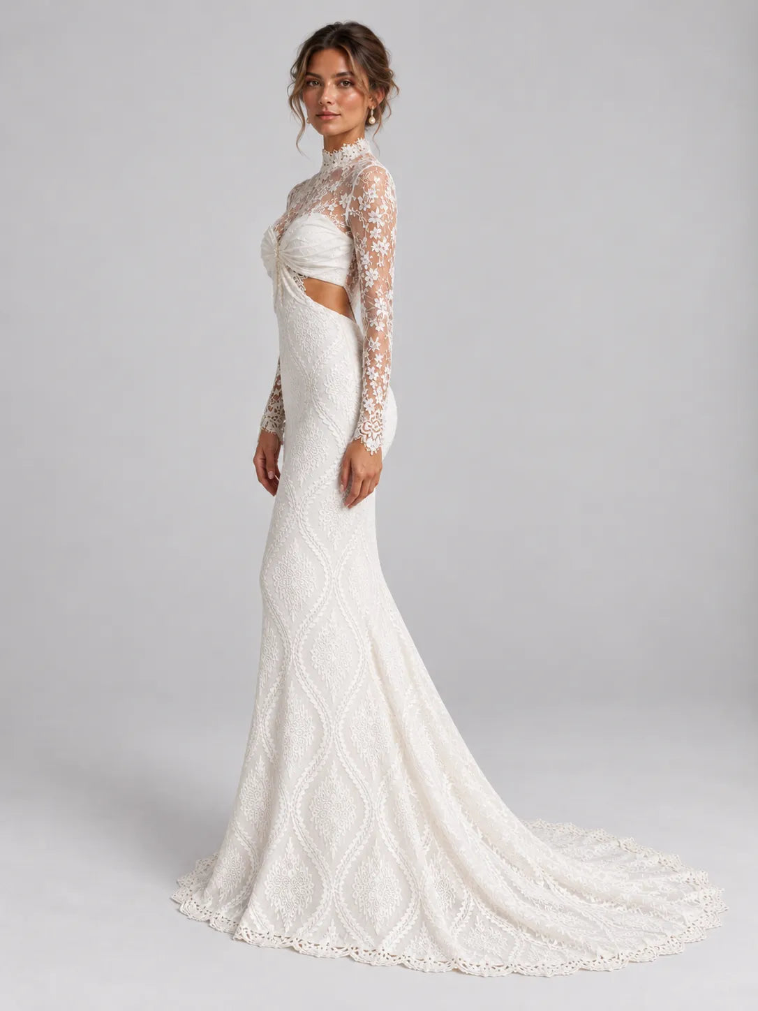 High-Neck Long-Sleeve Lace Mermaid Wedding Dress with Cutouts