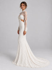 High-Neck Long-Sleeve Lace Mermaid Wedding Dress with Cutouts