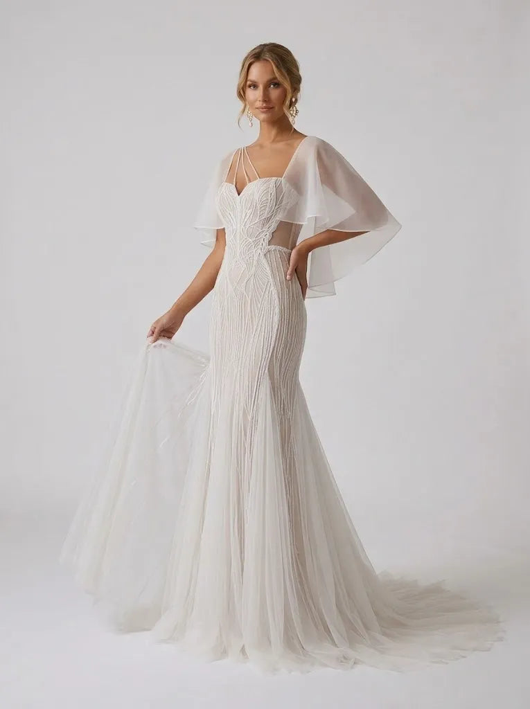 Flutter-Sleeve Asymmetrical Strappy Beaded Mermaid Bridal Wedding Dress