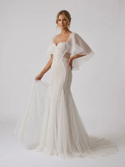 Flutter-Sleeve Asymmetrical Strappy Beaded Mermaid Bridal Wedding Dress