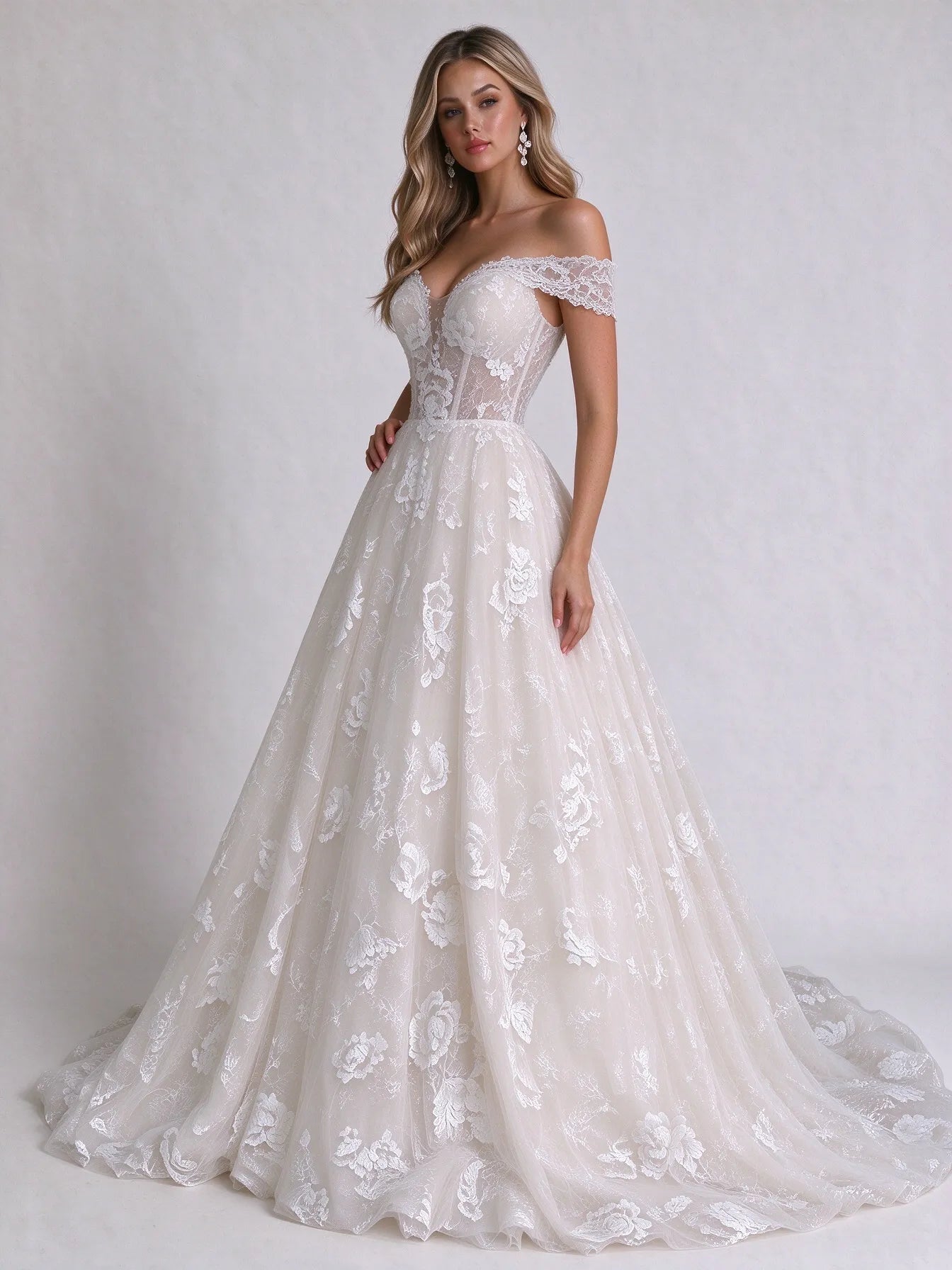 Off-the-Shoulder Sweetheart Lace Corset Tulle A-Line Wedding Dress with Lace-Up Back