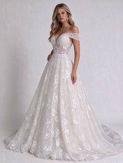 Off-the-Shoulder Sweetheart Lace Corset Tulle A-Line Wedding Dress with Lace-Up Back