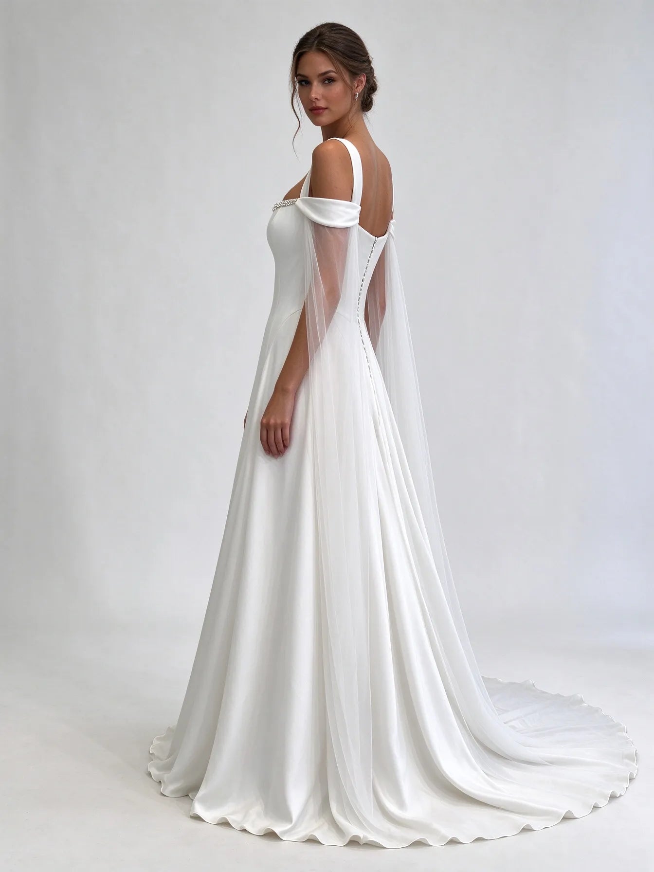 Wide Strap Cold Shoulder Satin A-Line Wedding Dress
