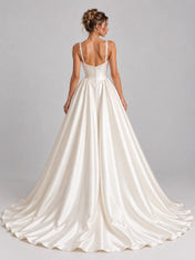 Square-Neck Beaded Strap Satin Wedding Dress Ball Gown with Draped Bodice and Covered Button Back