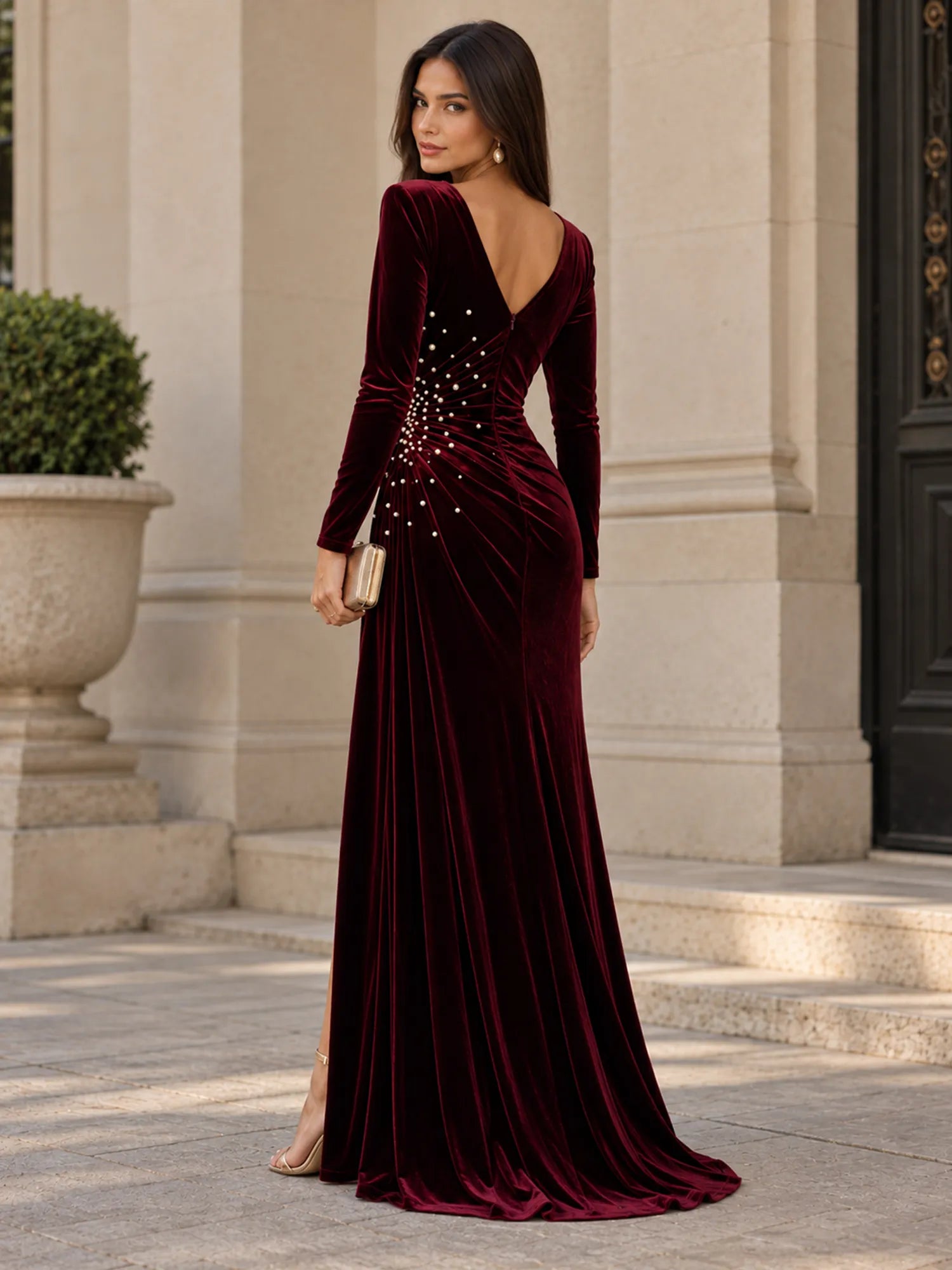 V-Neck Pearl Ruched Burgundy Velvet Floor-Length Evening Dresses with Long Sleeves