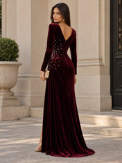 V-Neck Pearl Ruched Burgundy Velvet Floor-Length Evening Dresses with Long Sleeves