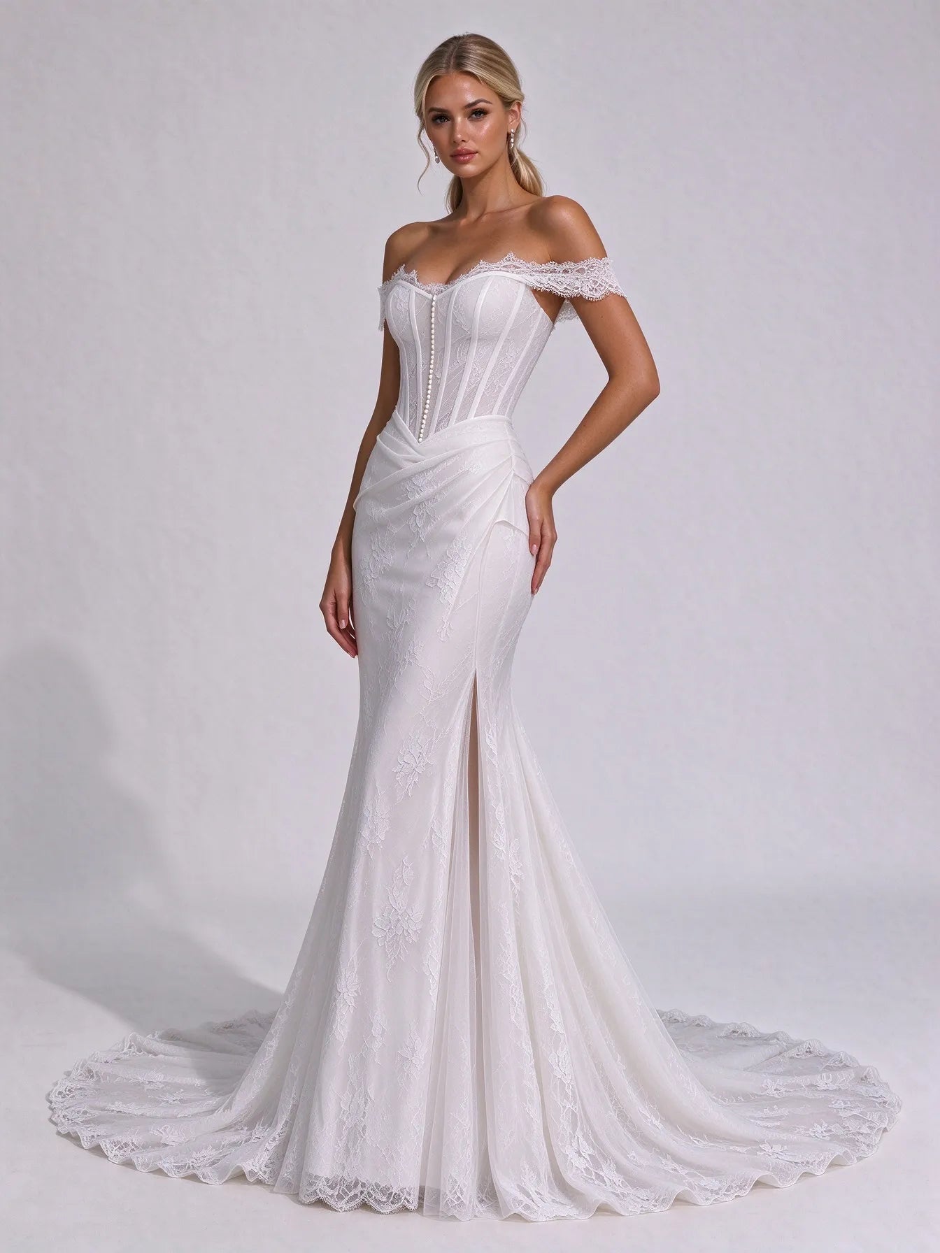 Off-The-Shoulder Scalloped Lace Corset Mermaid Bridal Wedding Dress with Slit