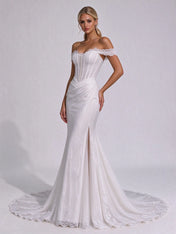Off-The-Shoulder Scalloped Lace Corset Mermaid Bridal Wedding Dress with Slit