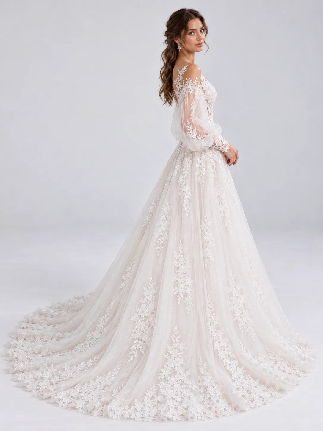 Off-the-Shoulder Bishop Long-Sleeve Lace A-Line Wedding Dress with Illusion Back and Cathedral Train