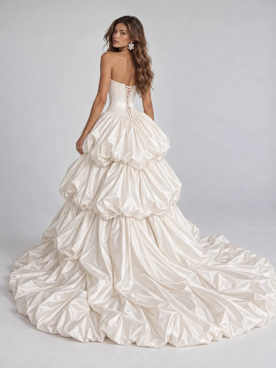 Strapless Sweetheart Tiered Bubble Satin Ball Gown Wedding Dress with High Slit