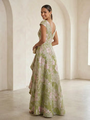 Cap-Sleeve Jacquard Asymmetric Ruffle Long Mother Of The Bride Dresses