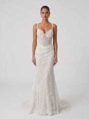 Spaghetti Strap Sheer Corset Beaded Lace Mermaid Wedding Dress with Sweep Train