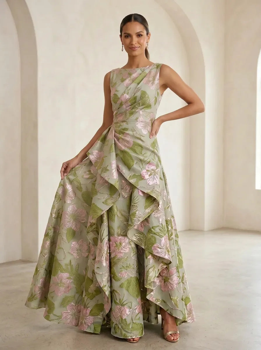 Boat-Neck Jacquard Asymmetric Ruffle Long Mother of The Bride Dresses