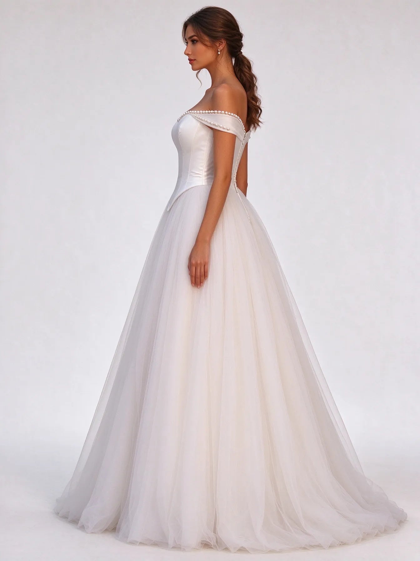 Off-the-Shoulder Pearl Trim Satin & Tulle A-Line Wedding Dress