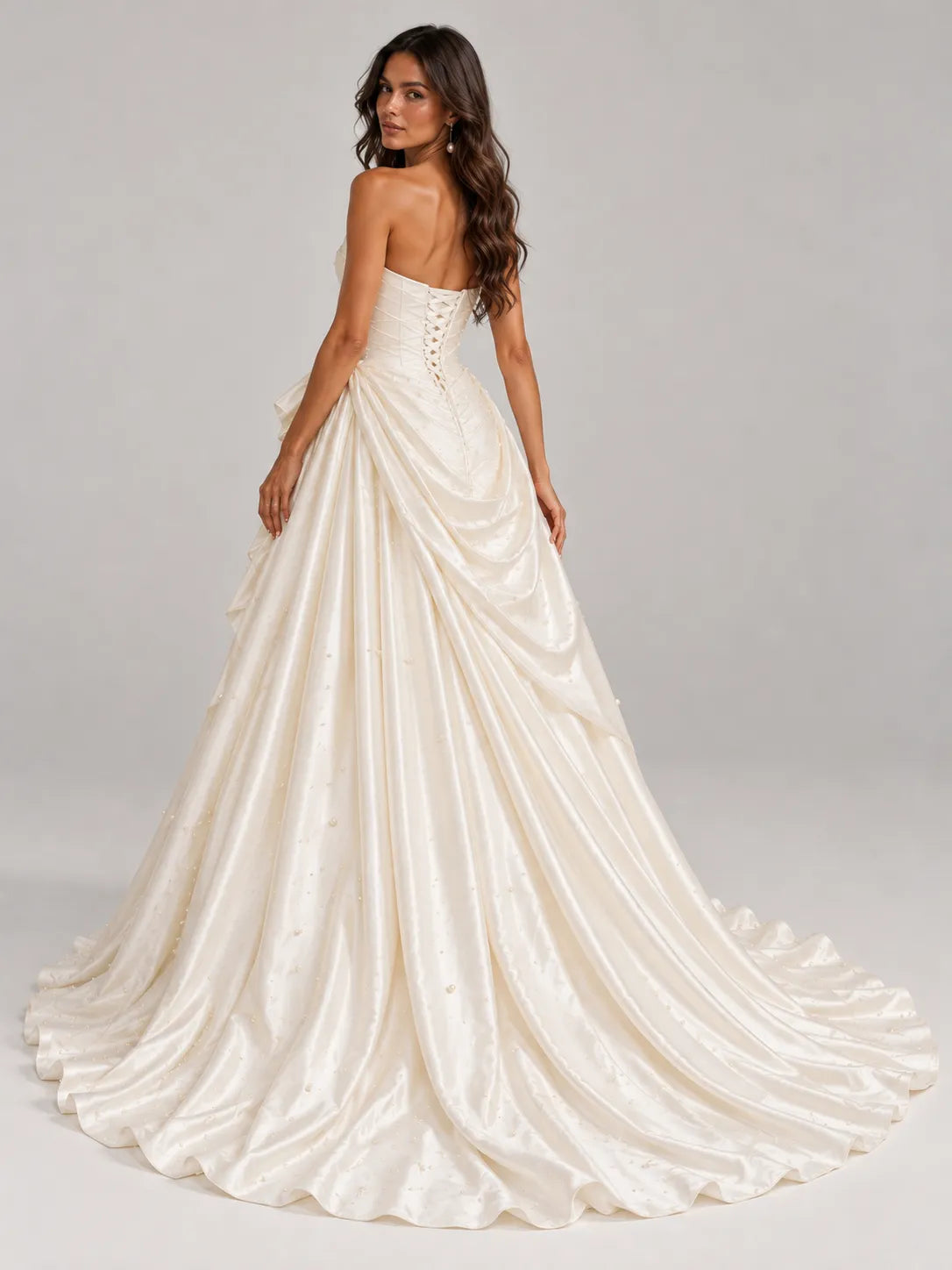 Strapless Draped Pearl-Embellished Satin Wedding Dress Ball Gown with High Front Slit and Corset Back